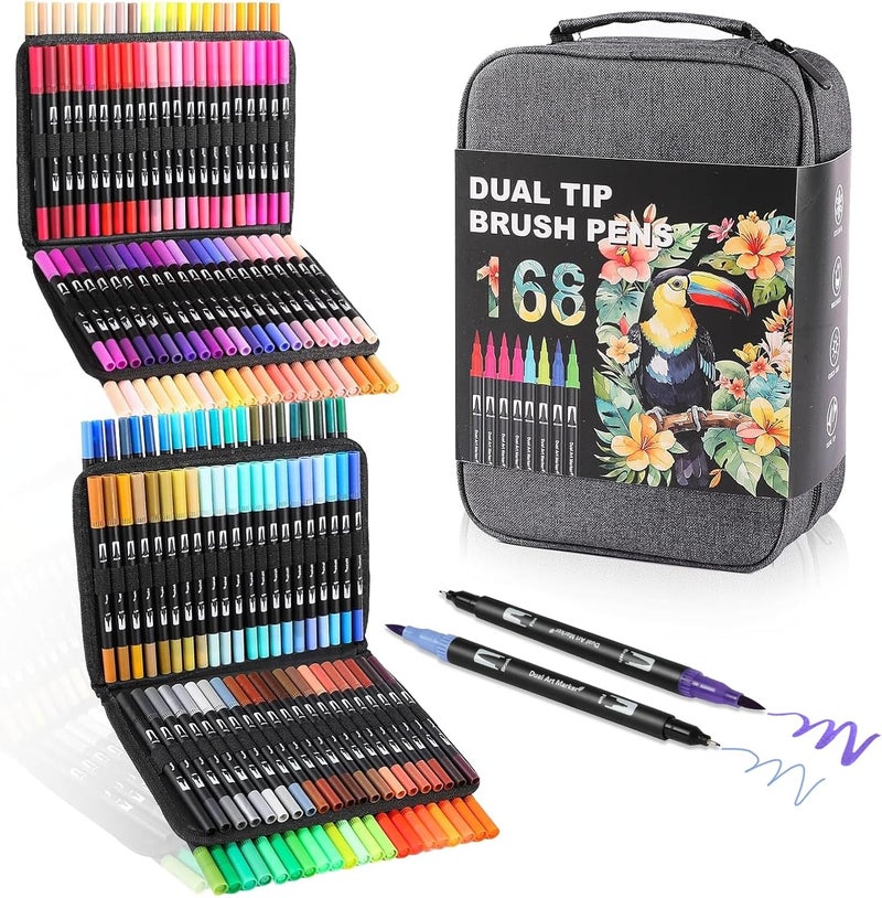 TOSHARE Dual Tip Markers, Brush Art Markers Set with Fine Tip and Brush Tip for Adult Coloring Book, Hand Lettering, Calligraphy & Drawing, Professional Art Supplies Kit for Adults (168 Colors) - Image 1